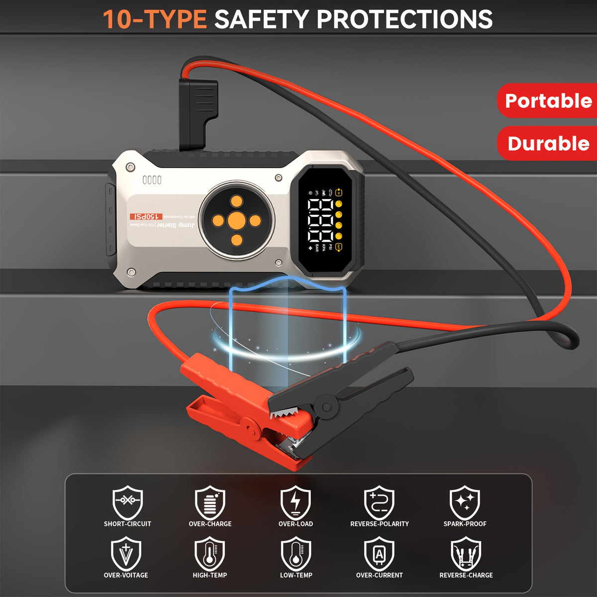 12000mAh Jump Starter for Car, Jump Starter with Air Compressor, Battery Jump Starter Portable5000A Peak 150PSl Digital Tire Inflator, Car Battery Charger Portable for 12V (8.5LGas/1.85gal Diesel) USB Input/output, LED Emergency, Car Accessories