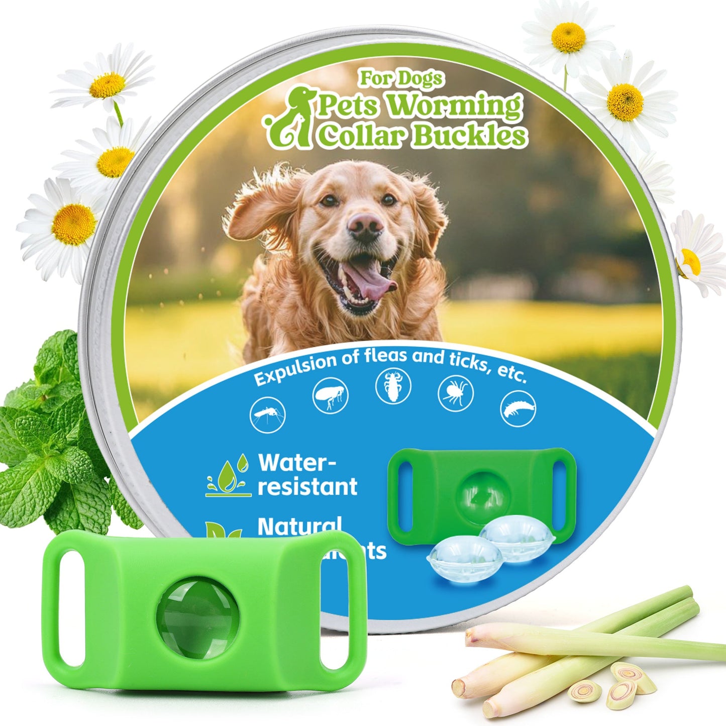 Flea & Tick Repellent Tag for Dogs - Natural Peppermint Essential Oil Capsules, 24/7 Chemical-Free Protection for Indoor & Outdoor Use, Pet-Safe Collar Tag with Refills