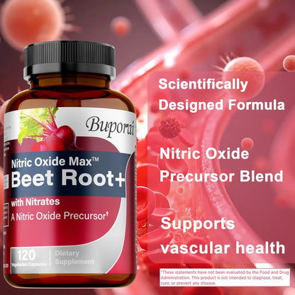 Nitric Oxide Beet Root Supplement with Beet Root Powder, Nitrates, Black Pepper & Antioxidants - Supports Blood Pressure, Heart Health & Nitric Oxide Production - 120 Capsules