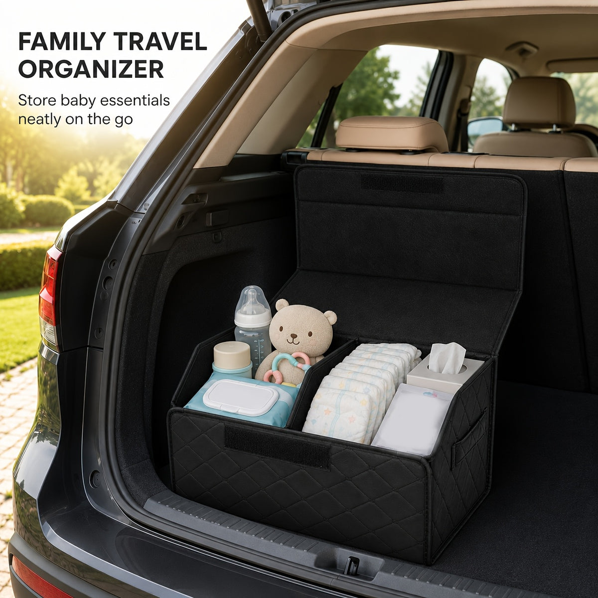 Faux Leather Car Trunk Organizer with Lid, Keep Your Trunk Tidy, Foldable Large Capacity Cargo Storage Box for Groceries, Tools, Sports Gear, Travel Essentials, Suvs, Sedans, And Trucks