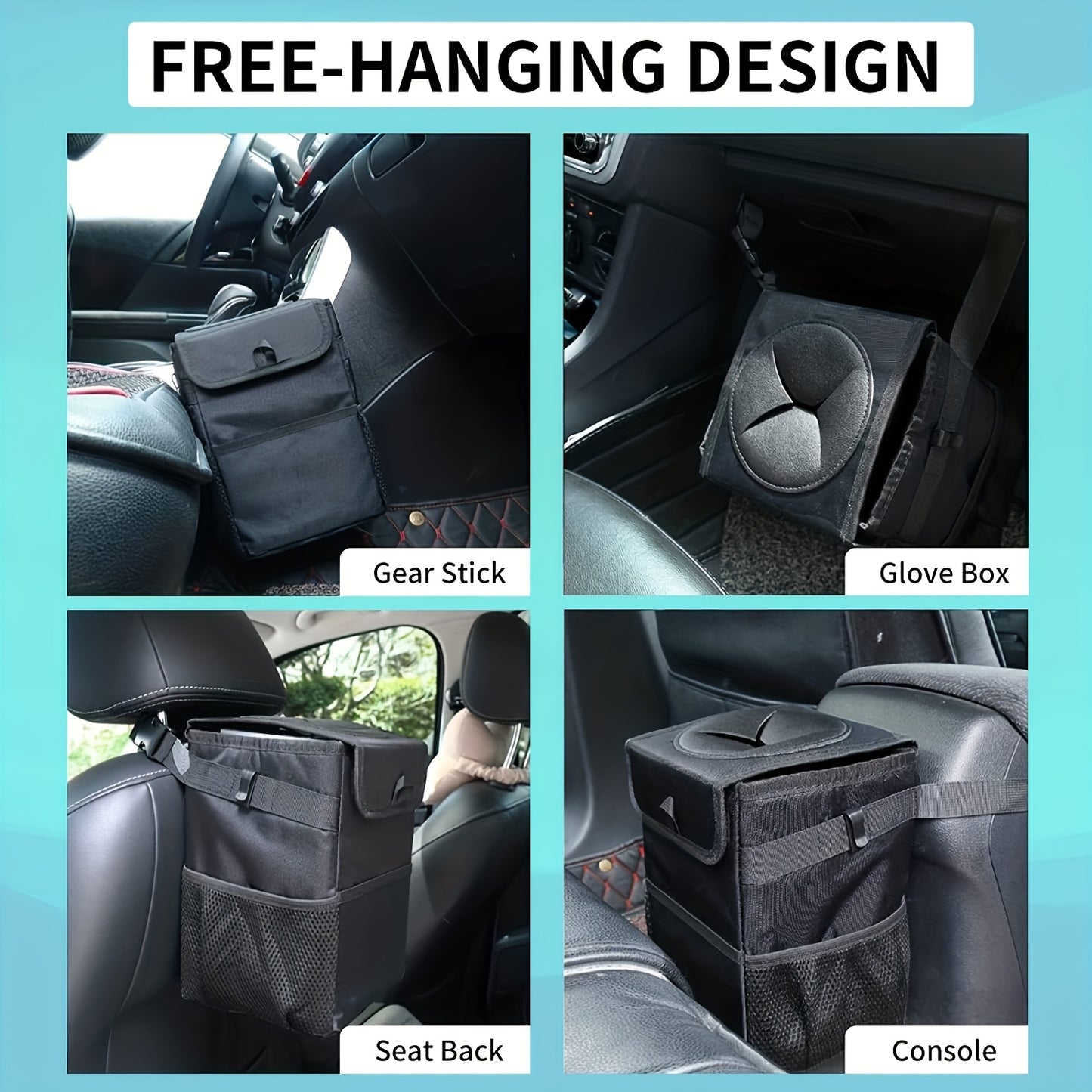 Hanging Car Trash Can with Lid & Storage Pockets - Leak-Proof Polyester Fiber Automotive Garbage Bin for Headrest & Console, Multi-Purpose Vehicle Waste Bag, Black