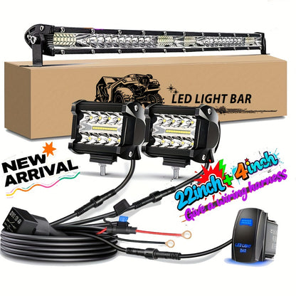 LED Off-Road Light Bar Kit 4"-21" Strip & Work Lights Combo for Jeep Truck Car - Wiring Harness Included