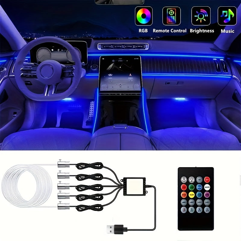 LED Interior Ambient Light Strips with USB, Fiber Optic Illumination for Dashboard and Control Panel, Remote Control, Music Sync - 5V Operating Voltage, LED Light Source, No Battery Required
