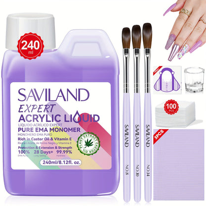 Odorless Acrylic Nail Liquid Monomer 8oz EMA Low Fume with Castor Oil & Vitamin E – MMA-Free Salon Grade Formula with Nail Brush Dappen Dish Mat for Healthy Nail Extensions