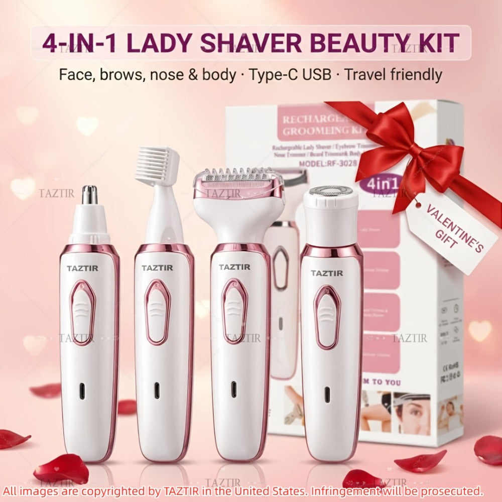 4-in-1 Electric Shaver for Women Rechargeable Wet & Dry Painless – Face Nose Legs Underarm Bikini Trimmer Portable Cordless Grooming Kit, Luxury Gift Set Options for Her