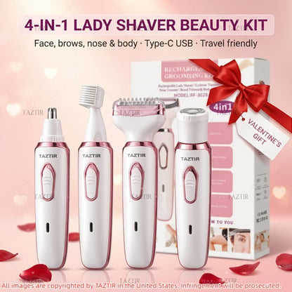 4-in-1 Electric Shaver for Women Rechargeable Wet & Dry Painless – Face Nose Legs Underarm Bikini Trimmer Portable Cordless Grooming Kit, Luxury Gift Set Options for Her