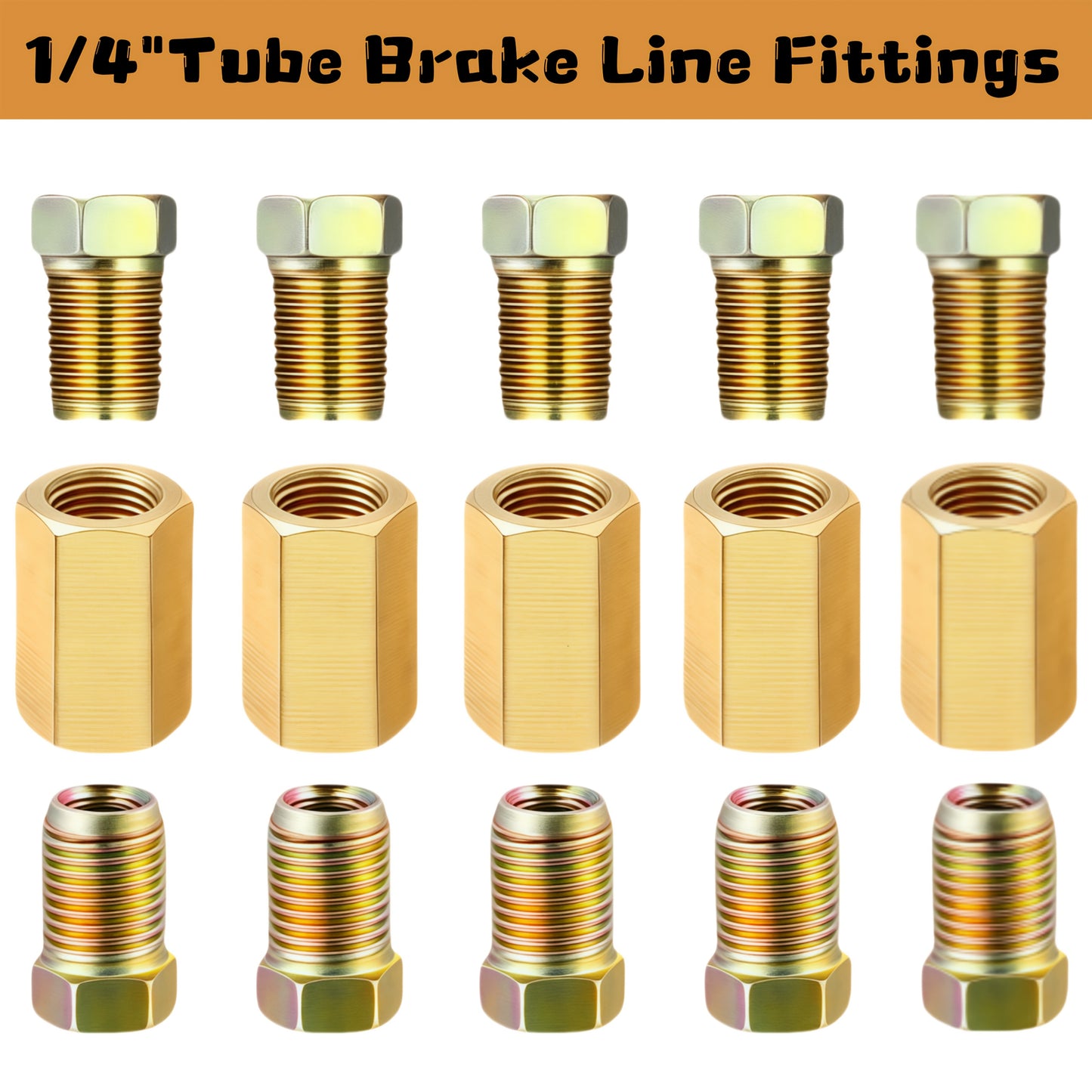 Brake Line Fittings Assortment Kit – 3/16", 1/4", 5/16" & 3/8" Tube Sizes, Inverted Flare Union Connectors, Multiple Thread Sizes, with Optional Hose Clamps for Automotive Brake Line Repair