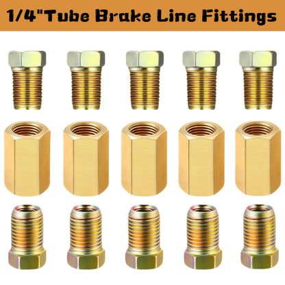 Brake Line Fittings Assortment Kit – 3/16", 1/4", 5/16" & 3/8" Tube Sizes, Inverted Flare Union Connectors, Multiple Thread Sizes, with Optional Hose Clamps for Automotive Brake Line Repair