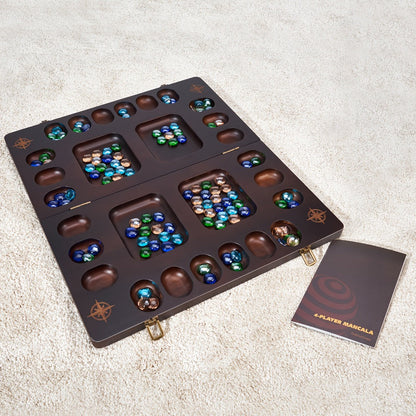 4-Player Mancala Game Set – Premium Solid Wood Folding Board with 108 Multi-Color Glass Stone Beads & Instructions, Upgraded Multiplayer Strategy Game for Teens & Adults, Perfect Family Gift Ages 14+