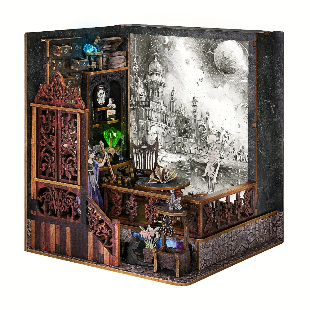 Halloween Book Nook Kit – Magic Mystery DIY Dollhouse Bookshelf Insert, 3D Wooden Witch Skeleton Miniature Scene, Whiteboard Shelf Decoration, Unique Gift for Book Lovers Adults Teens