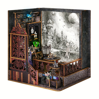 Halloween Book Nook Kit – Magic Mystery DIY Dollhouse Bookshelf Insert, 3D Wooden Witch Skeleton Miniature Scene, Whiteboard Shelf Decoration, Unique Gift for Book Lovers Adults Teens