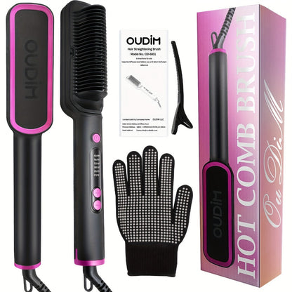 6-Setting Ionic Hair Straightener Brush with Fast Heat-Up & Anti-Scald Protection – Precise Temperature Control Flat Iron Straightening Comb for Women, All Hair Types, Home & Salon Use