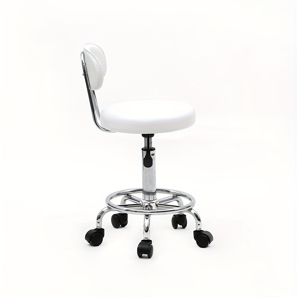 PU Leather Salon Stool with Back & 360° Swivel – Adjustable Height 18.9"-22.8" Round Cushion Chrome Base White Salon Chair for Nail Tech, Esthetician & Beauty Studio