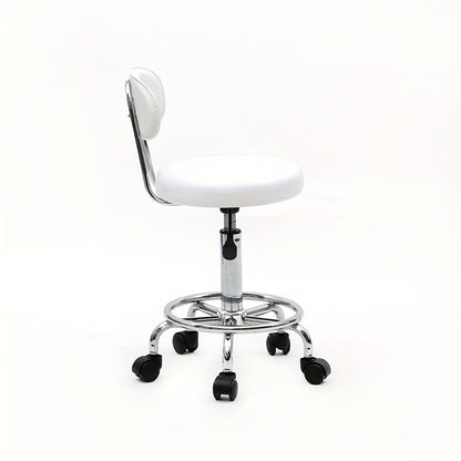 PU Leather Salon Stool with Back & 360° Swivel – Adjustable Height 18.9"-22.8" Round Cushion Chrome Base White Salon Chair for Nail Tech, Esthetician & Beauty Studio