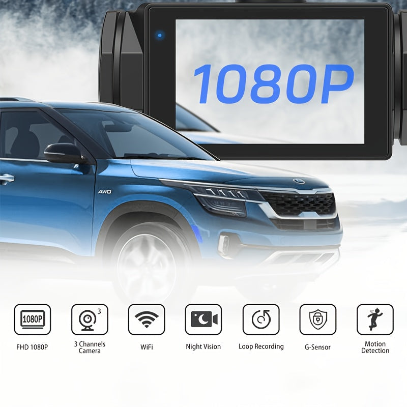 1080P Dash Cam with 2/3 Cameras Front And Built-In And Rear (Optional) Infrared Night Vision 170° Wide-Angle Lens Built-In Audio 32GB Memory Card (Optional) Wifi Connection to Smartphone (Optional) Loop Recording G-Sensor 24H Parking Monitor