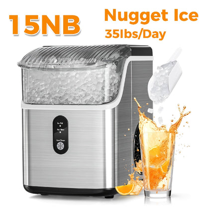 Countertop Nugget Ice Maker 35lbs in 24hrs, Self-Cleaning Portable Ice Machine with Ice Scoop & Basket, Stainless Steel, for Home Kitchen Office Camping RV Bar