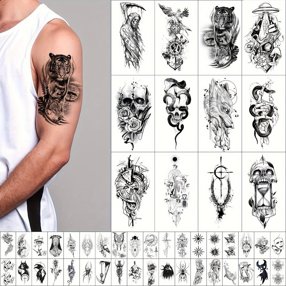 GLARYYEARS Realistic Temporary Tattoos for Men Women 48pcs Skull Snake Black Dark Art Body Arm Designs Waterproof Long Lasting Non-Toxic 12 Large 36 Small Sheets
