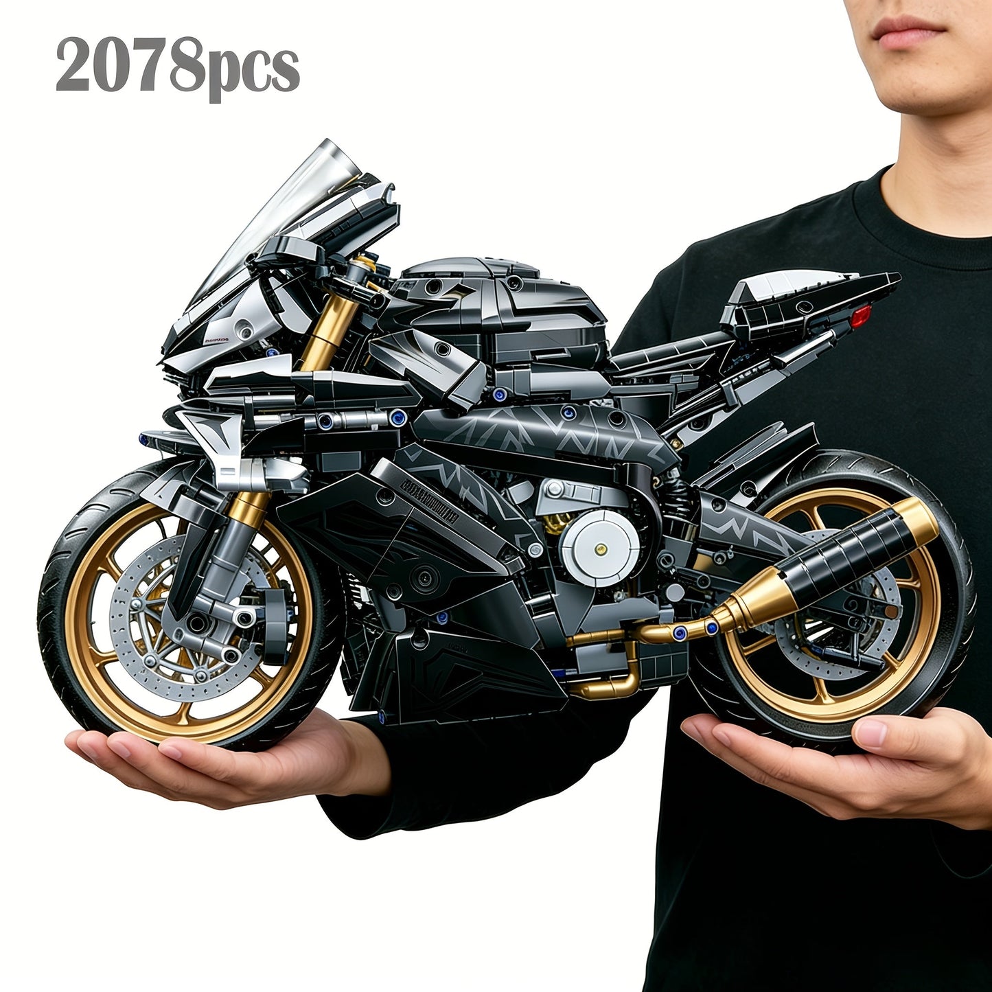 Motorcycle Building Blocks Model Kit 1:5 Scale 2000+ Pieces – Platinum Gold & White Collectible Brick Motorbike Display Set, Unique Gift for Men Adults Collectors Birthday Christmas (Premium Edition)