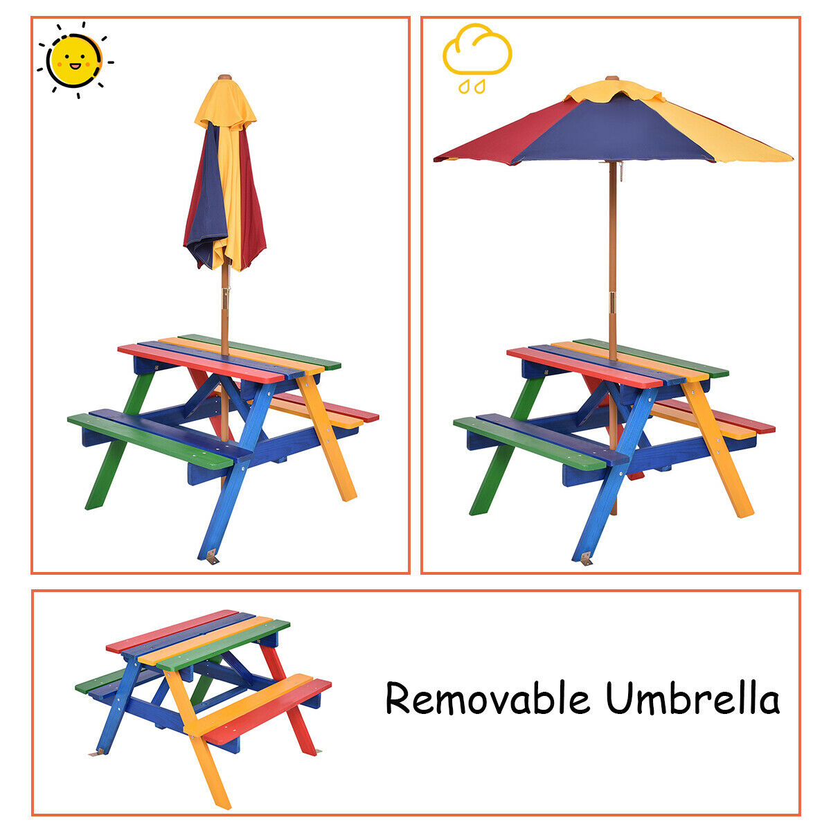 Kids Picnic Table Set with Umbrella Wood Table Bench Set for Toddlers Seats 4 Children Indoor Outdoor Backyard Rainbow Design Birthday Christmas Gift Boys Girls