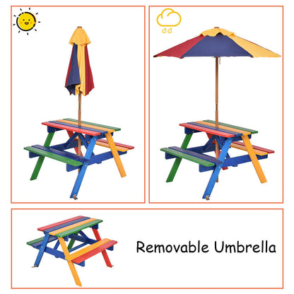 Kids Picnic Table Set with Umbrella Wood Table Bench Set for Toddlers Seats 4 Children Indoor Outdoor Backyard Rainbow Design Birthday Christmas Gift Boys Girls