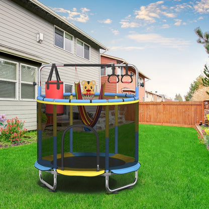 60 Inch Trampoline with Enclosure and Gymnastics Bar – 440 Lbs Capacity Height Adjustable Indoor Outdoor Round Trampoline with Toys for Kids | Best Birthday Gift for Boys and Girls