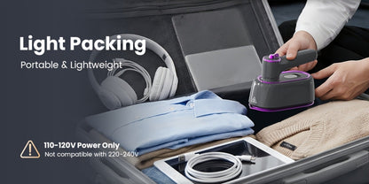 Mini Travel Steamer 2-in-1 Dry Steam Iron Foldable 180 Degree Handle 15-Second Heat 85ml Leak-Proof Tank ETL Certified for All Fabrics Home Travel Purple Black