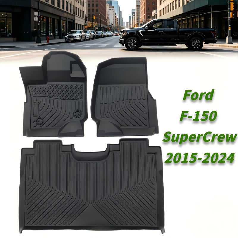 3pcs Heavy Duty TPE Floor Mats for Ford F-150 Supercrew Cab 2015-2024, All-Weather Black Car Liners, Waterproof Non-Slip Auto Additions