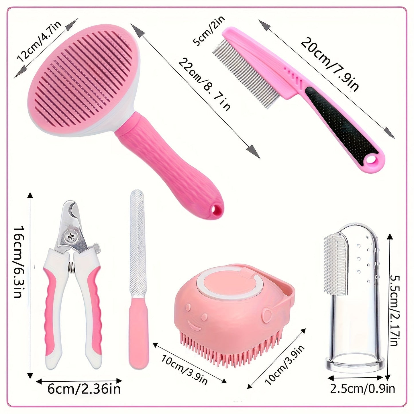 Cat & Dog Grooming Set 9-in-1 & 11-in-1 – Self-Cleaning Slicker Brush, Nail Clippers & File, Flea Comb, Shampoo Brush, Finger Toothbrush & Storage Bag, No Battery, Pink or Blue