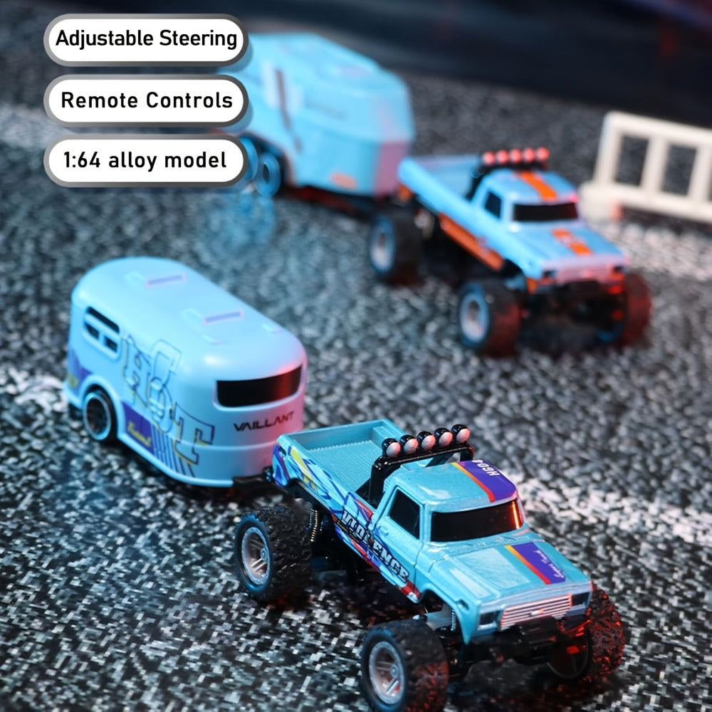 Mini RC Truck Toy 1:64 Scale 2.4GHz Off-Road Alloy Crawler with Detachable Trailer Body Lights & LED Headlights – Collectible Remote Control Truck Model Gift for Boys Girls Adults Blue Green Red