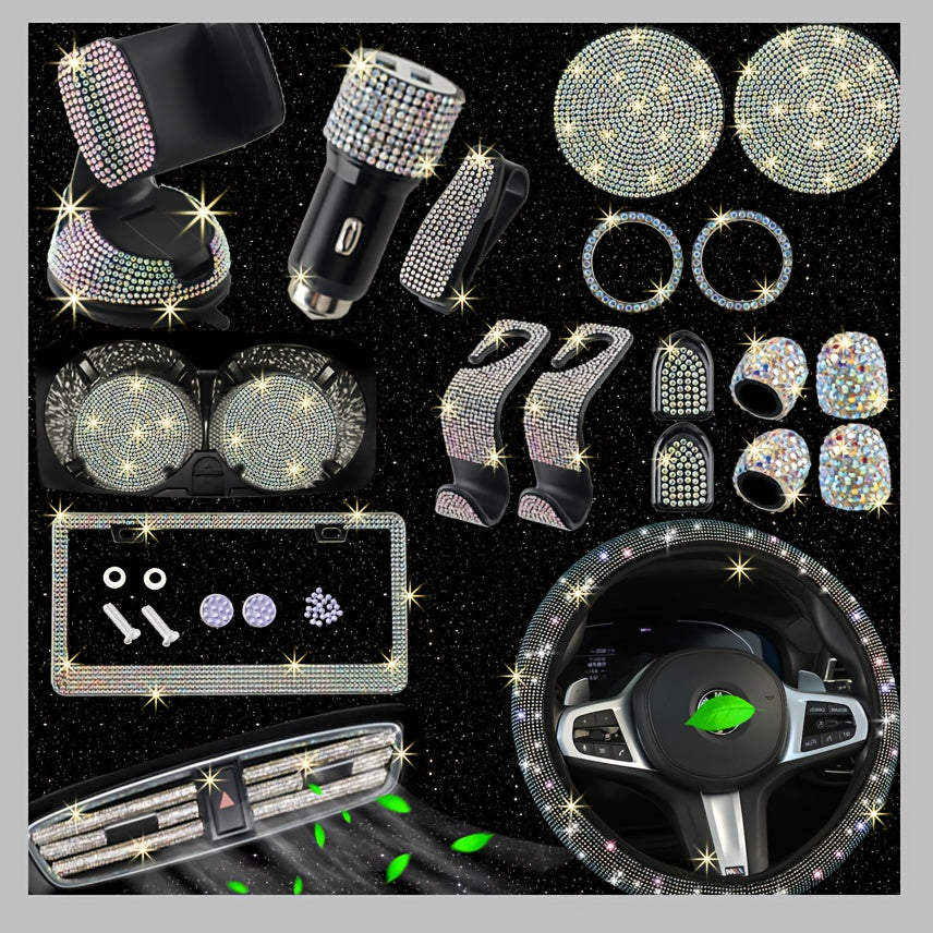 Bling Car Accessories Set 27pcs - Glitter Steering Wheel Cover 15 Inch, Bling License Plate Frame, Phone Holder & Car Coasters for Women & Men