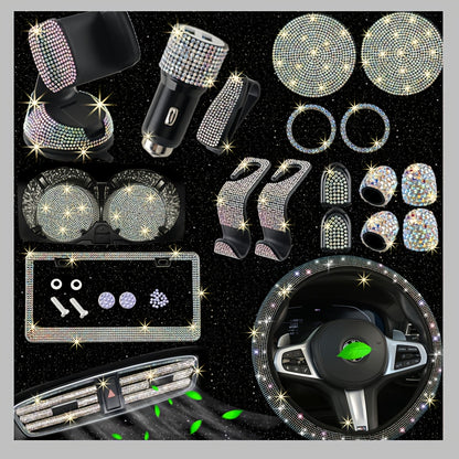 Bling Car Accessories Set 27pcs - Glitter Steering Wheel Cover 15 Inch, Bling License Plate Frame, Phone Holder & Car Coasters for Women & Men