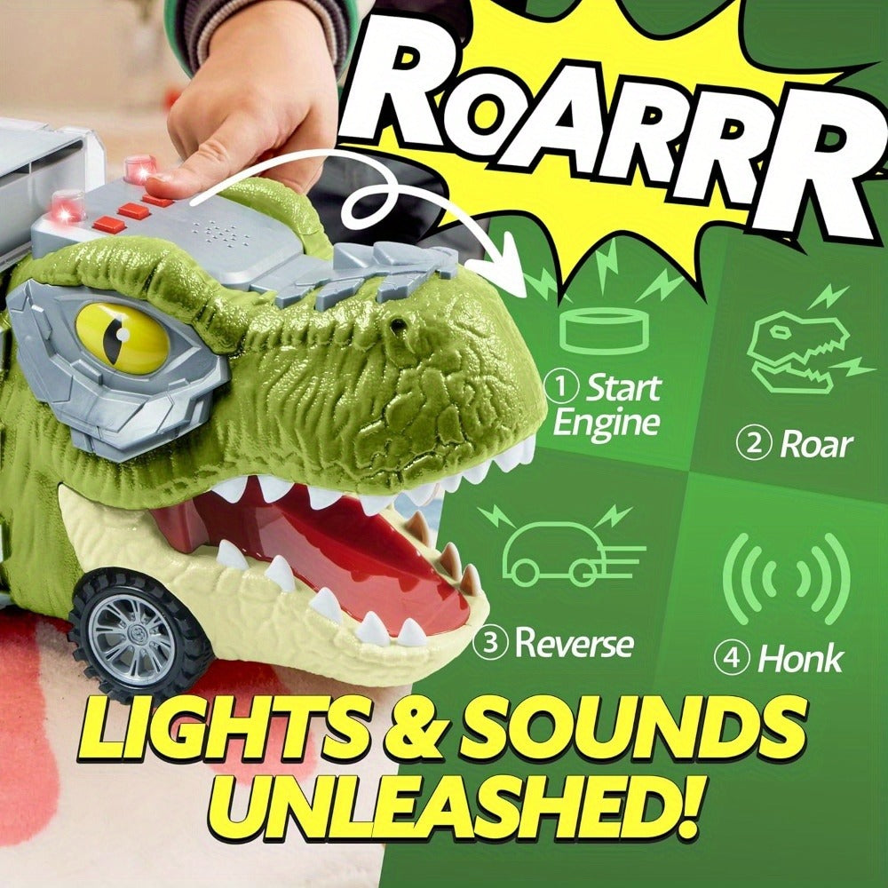 Dinosaur Truck Toy Set 13 PCS – Transport Carrier Truck with Lights & Sounds + 8 Pull-Back Cars + 3 Die-Cast Dino Vehicles + Helicopter | Friction Powered Dinosaur Toy for Boys Ages 3+ | Best Birthday Christmas Gift