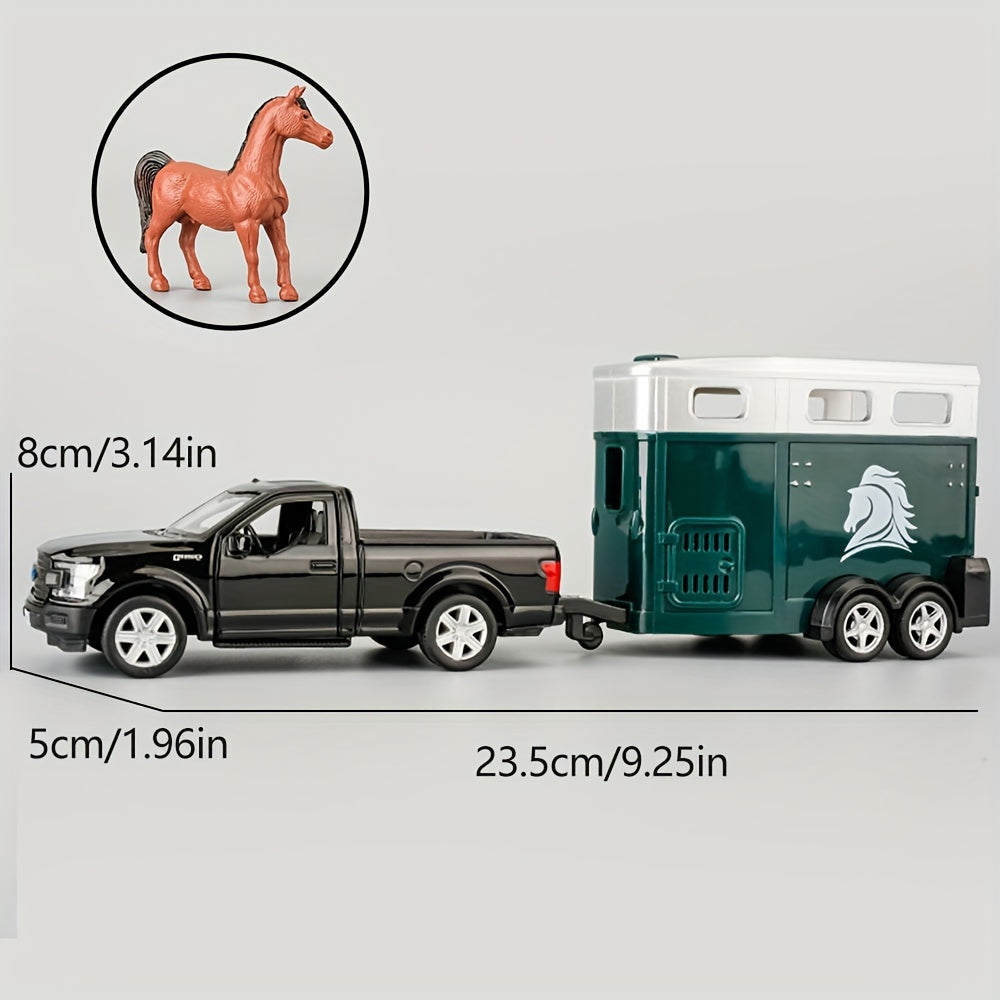 RMZCity 1:36 Scale Zinc Alloy Pull Back Car with Horse Trailer & Horse Vehicle – Openable Doors Diecast Toy Set for Kids & Adults, Birthday Christmas Gift (4 Models)