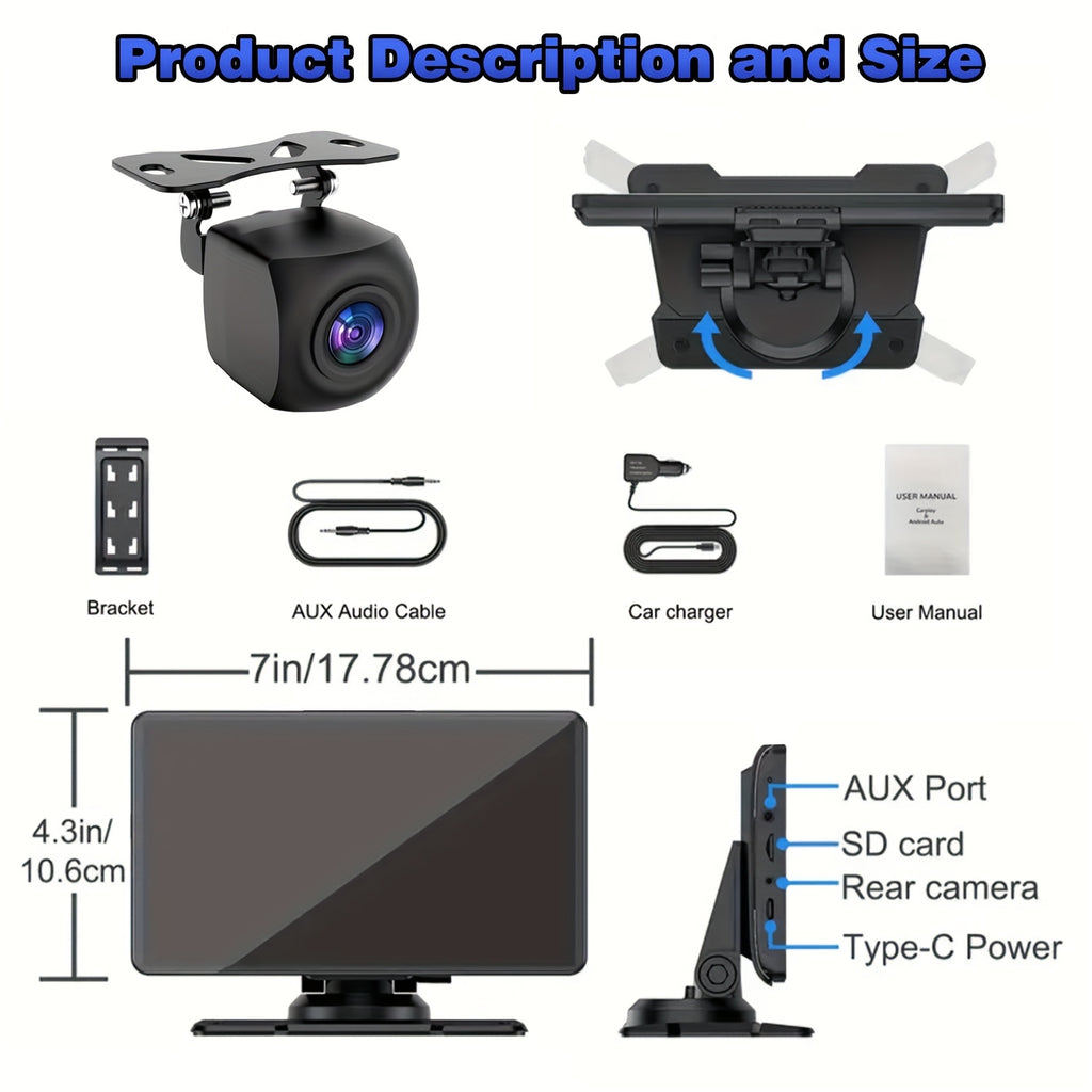 7-Inch Wireless Car Display with Car Audio, HD Touchscreen, 1080P Reversing Camera, Dashcam, GPS Navigation, Mirror Link, FM/AUX/USB/TF Interface, Compatible with All Car Models, a Must-Have for Vacations, And a New Year'S Gift for Dad And Driver