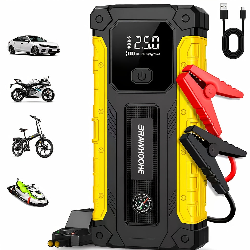 5-in-1/10IN1 Portable Car Battery Jump Starter With Tire Inflator 12V Fast Start, Battery Boost, USB I/O, LED Emergency Light, Reliable Power, Roadside/Vehicle Emergency Tool 4000A/12000A Portable Wireless Car Jump Starter Battery Portable