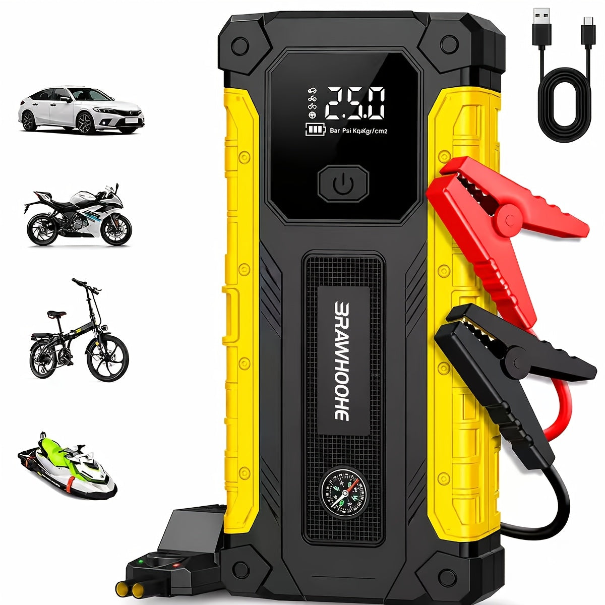 5-in-1/10IN1 Portable Car Battery Jump Starter With Tire Inflator 12V Fast Start, Battery Boost, USB I/O, LED Emergency Light, Reliable Power, Roadside/Vehicle Emergency Tool 4000A/12000A Portable Wireless Car Jump Starter Battery Portable