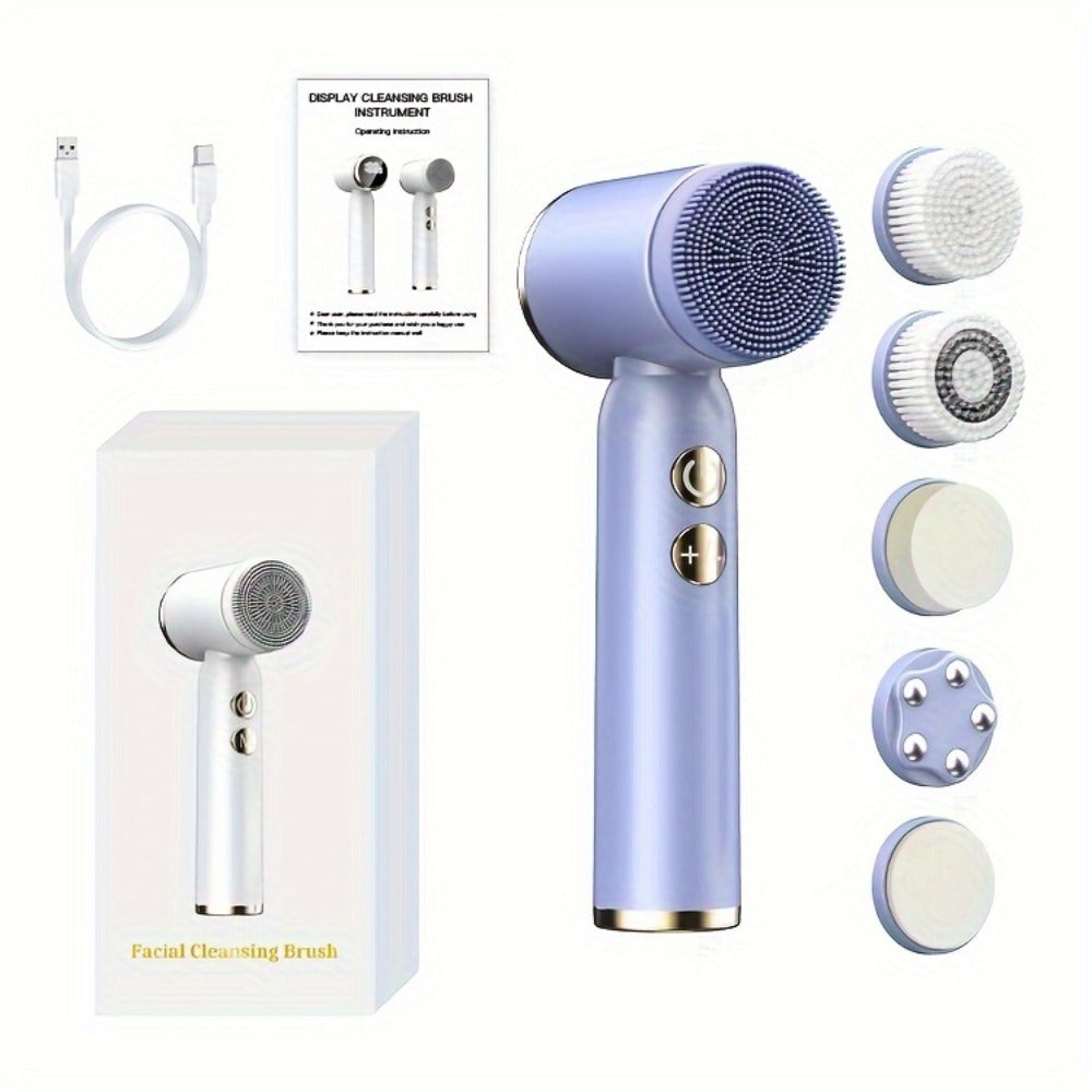 EMS Microcurrent Face Massager Skin Tightening Device V-Face Lifting Double Chin Reducer Neck Rejuvenation 6-in-1 Brush Heads 3-Speed USB Rechargeable Portable Beauty Tool for Women