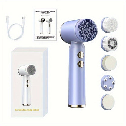 EMS Microcurrent Face Massager Skin Tightening Device V-Face Lifting Double Chin Reducer Neck Rejuvenation 6-in-1 Brush Heads 3-Speed USB Rechargeable Portable Beauty Tool for Women