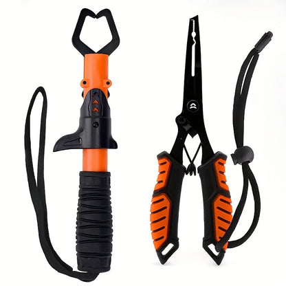 Fishing Pliers Fish Gripper Combo Set 2pcs Stainless Steel Hook Remover Line Cutter with TPR Non-Slip Handle Spring-Loaded Lock for Freshwater Saltwater Bass Trout Pike Catch and Release