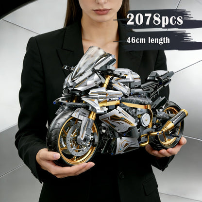 Motorcycle Building Blocks Model Kit 1:5 Scale 2000+ Pieces – Platinum Gold & White Collectible Brick Motorbike Display Set, Unique Gift for Men Adults Collectors Birthday Christmas (Premium Edition)