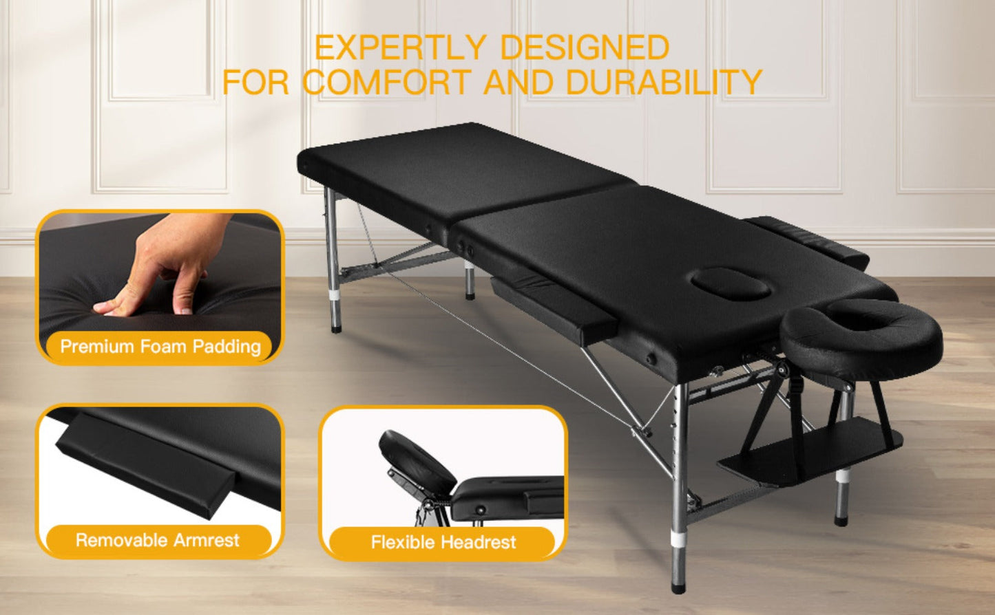 Portable Massage Table Foldable Aluminum Spa Bed – 3-Fold Adjustable Height 24" Wide Padded Treatment Bed for Esthetician, Lash Tech, Tattoo Artist, Waxing & Mobile Beauty Salon
