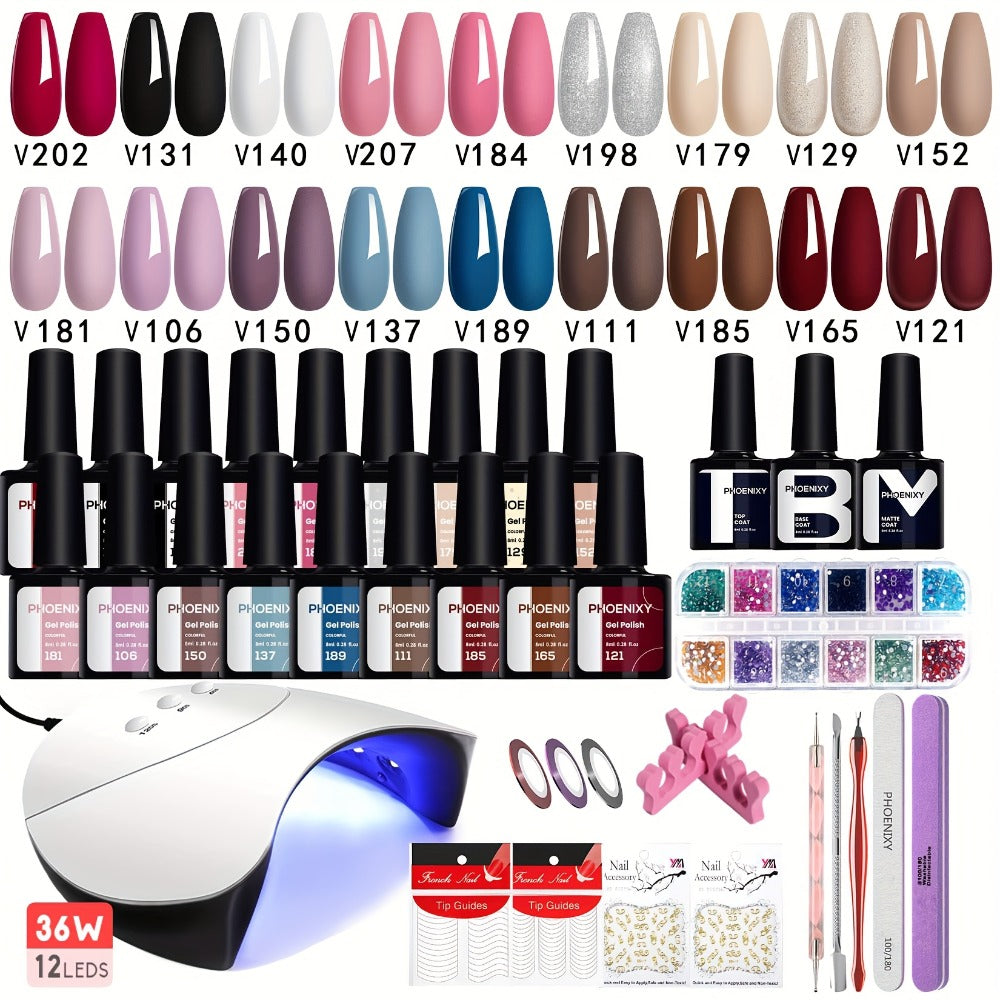 Gel Nail Polish Kit 36 Pieces with 36W UV LED Nail Lamp — Pink Red Purple Black Brown Blue Gel Polish Colors & Complete Manicure Tools Set for Home Salon Nail Art Women