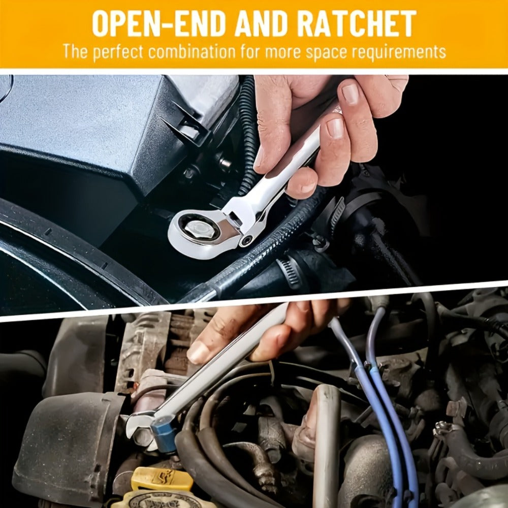 CR-V Flex Head Ratchet Wrench Set 5-Piece – 2-in-1 Reversible Open End & Hex Socket Dual-Purpose Kit | Automotive Engine Bay, Plumbing, DIY Workshop & Confined Space Repair