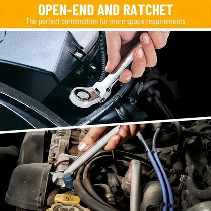 CR-V Flex Head Ratchet Wrench Set 5-Piece – 2-in-1 Reversible Open End & Hex Socket Dual-Purpose Kit | Automotive Engine Bay, Plumbing, DIY Workshop & Confined Space Repair