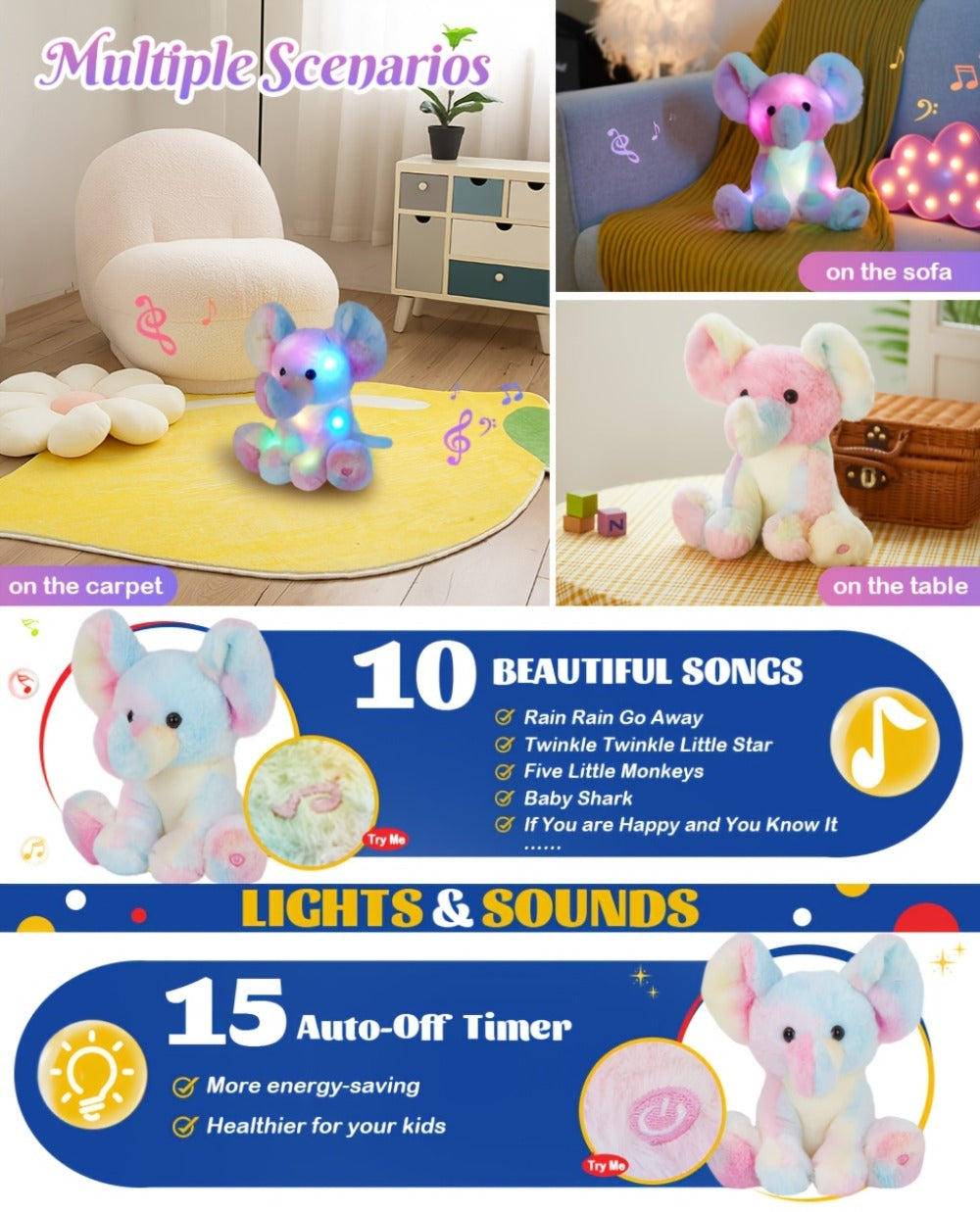 Musical Light Up Rainbow Elephant Plush 12 Inch LED Glowing Lullaby Stuffed Animal Night Light Sensory Toy Baby Shower Birthday Gift for Babies Toddlers Kids