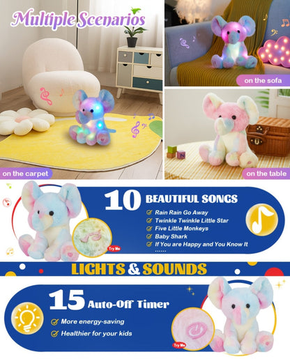 Musical Light Up Rainbow Elephant Plush 12 Inch LED Glowing Lullaby Stuffed Animal Night Light Sensory Toy Baby Shower Birthday Gift for Babies Toddlers Kids