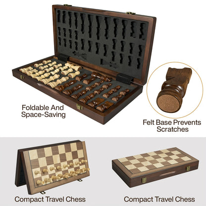 Magnetic Wooden Chess Set 15 Inch – Folding Portable Chessboard with Handmade Pieces, Tournament & Travel Chess Game for Adults Kids Beginners, Birthday Christmas Gift