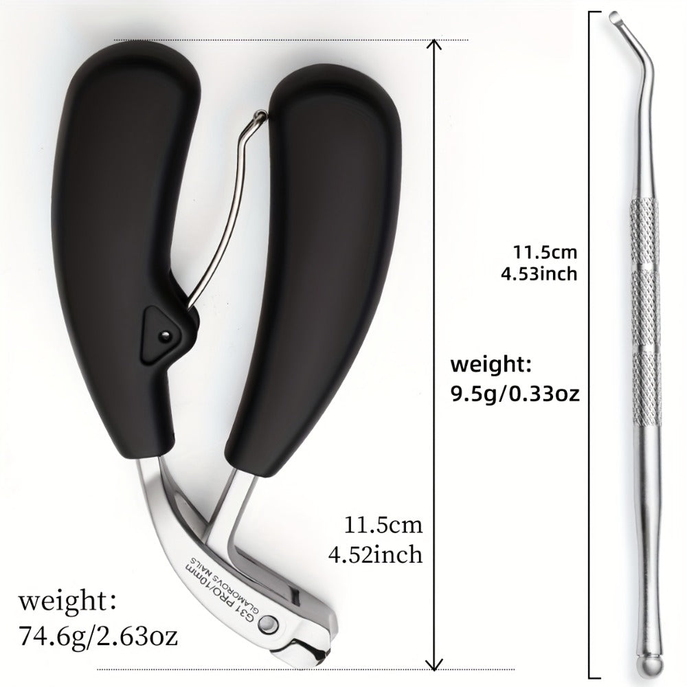 Nail Clippers Set for Thick Nails Heavy Duty 2-Piece — Professional Stainless Steel Toenail Clippers for Men, Elderly & Seniors, Concave Tilted Arc Blade, Splash-Proof Precision Trimming, Ergonomic Black Handle Kit