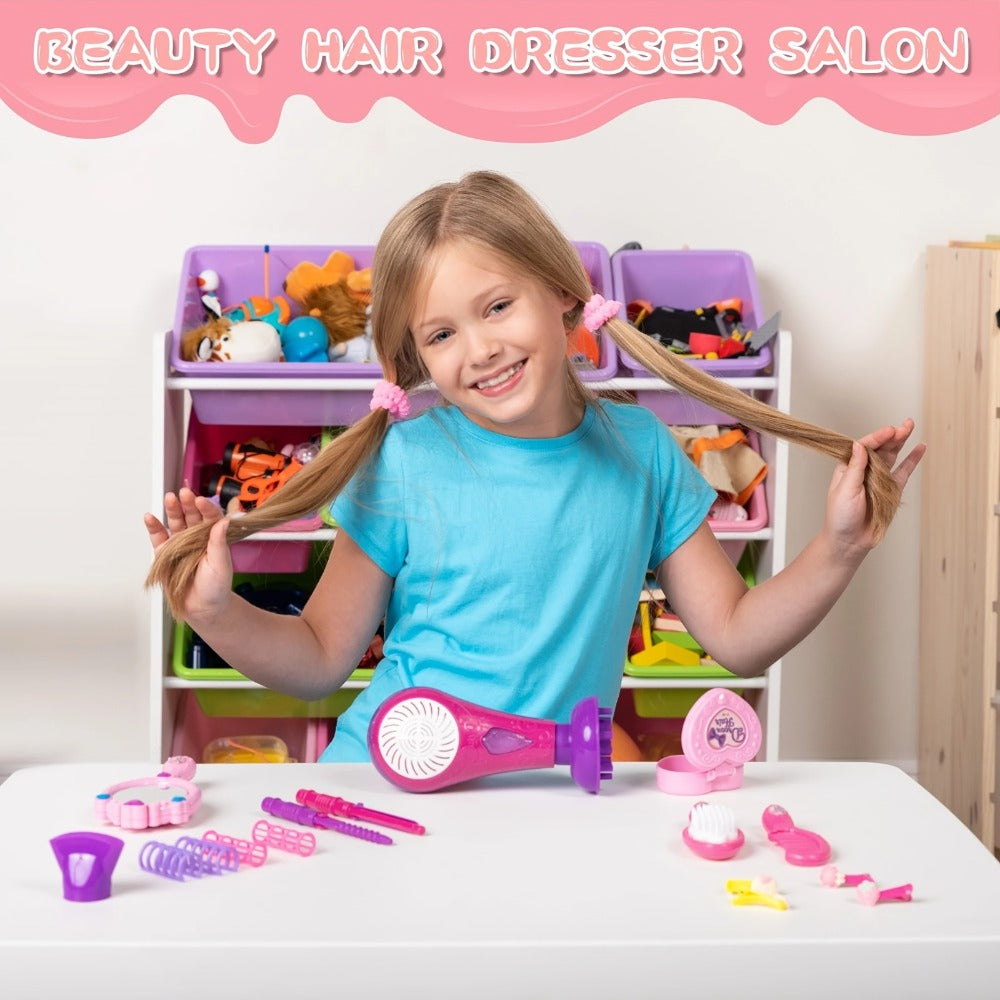 Girls Beauty Salon Toy Set 17 PCS – Pretend Play Hair Stylist Kit with Working Hairdryer Mirror Curling Wands Combs Clips & Jewelry Box | Princess Hair Dresser Toy for Girls Ages 3+ | Best Birthday Christmas Gift