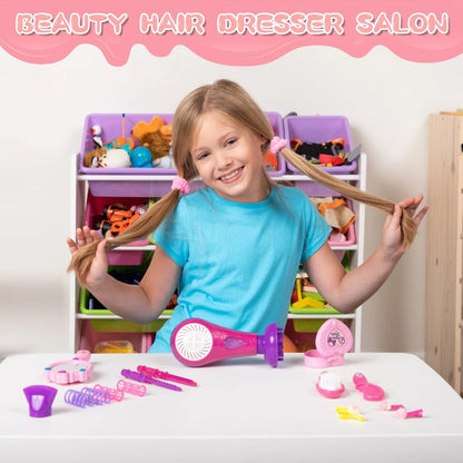 Girls Beauty Salon Toy Set 17 PCS – Pretend Play Hair Stylist Kit with Working Hairdryer Mirror Curling Wands Combs Clips & Jewelry Box | Princess Hair Dresser Toy for Girls Ages 3+ | Best Birthday Christmas Gift